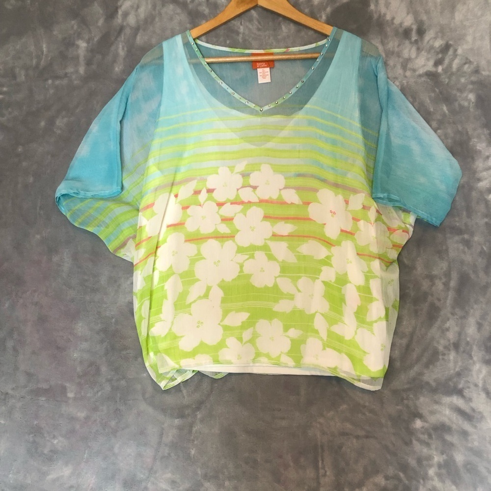 Hearts of Palm Lined Short Sleeve Blouse Turquoise/Lime Green/White Size Large